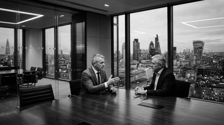 Senior executive leaders analyzing B2B demand creation and capture strategy in executive boardroom overlooking skyline