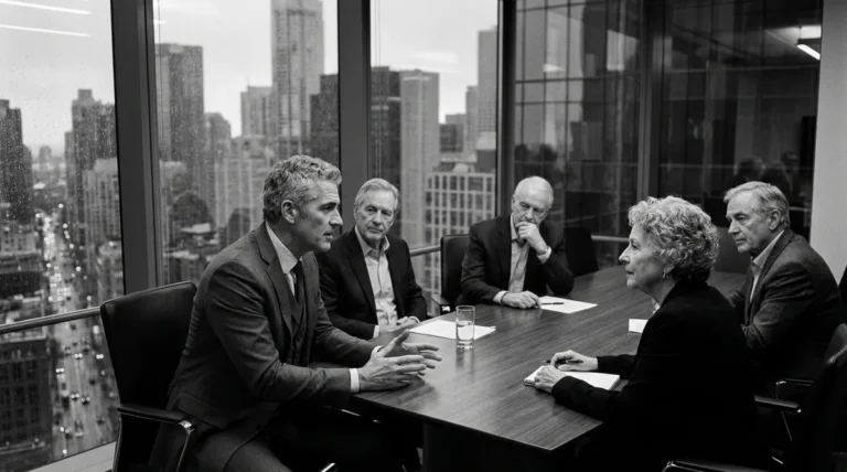 Executive leadership team discussing dynamic marketing ROI framework and B2B systems dynamics in modern boardroom