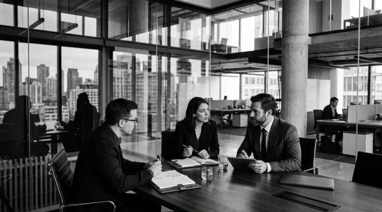 Modern B2B revenue operations team collaborating on modular RevOps tech stack architecture in contemporary office