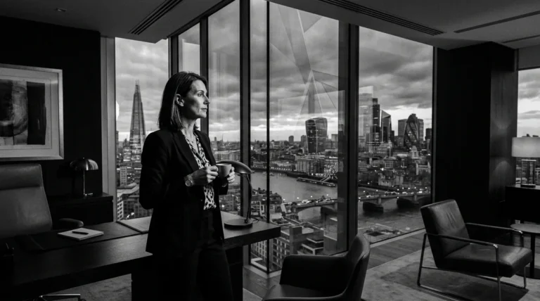 Senior revenue operations leader analyzing full-funnel attribution in corporate executive office overlooking skyline